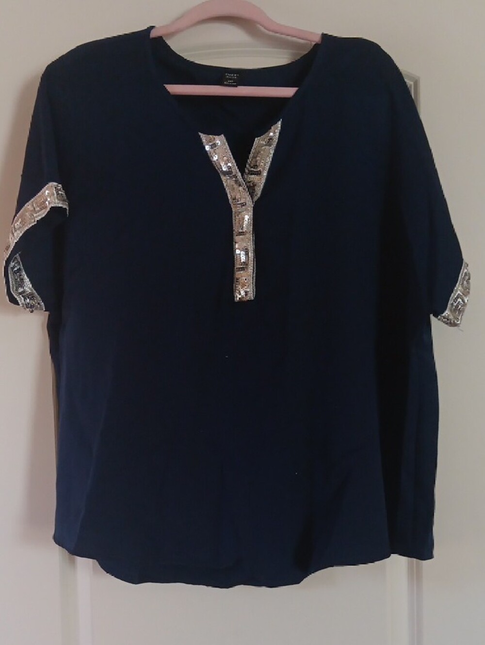 Emery Rose Navy Top with Gold Sequin Trim - Picture 4 of 4